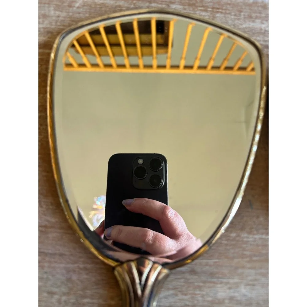 Vintage Gold Tone Vanity Set Hand Mirror Hair Brush Floral Embroidery Art Deco